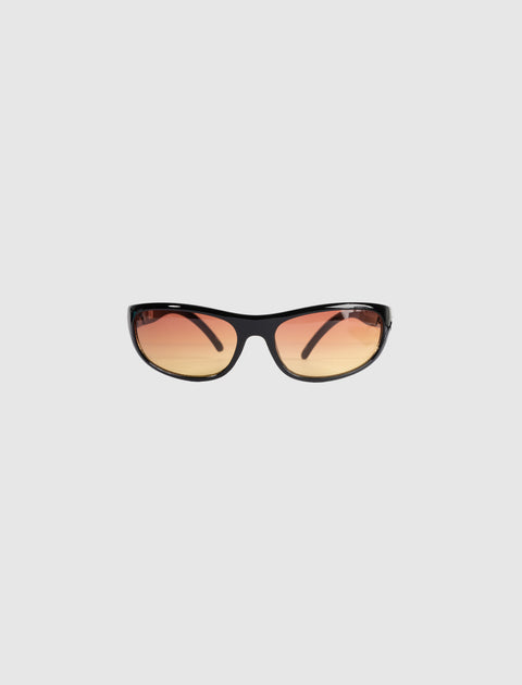 Black frame sunglasses with orange gradient lenses on white background