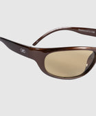 Brown sunglasses with rectangular lenses and logo detail on temple