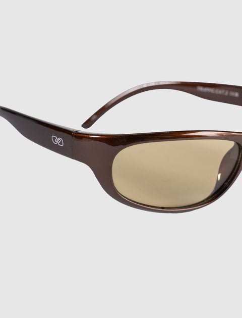 Brown sunglasses with rectangular lenses and logo detail on temple