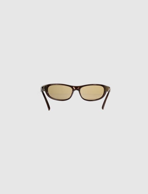 Brown rectangular sunglasses with tinted lenses on a plain white background