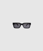 Black rectangular sunglasses with dark lenses on a plain white background