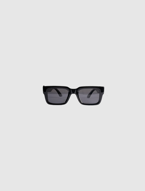 Black rectangular sunglasses with dark lenses on a plain white background