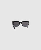 Black rectangular sunglasses with dark lenses on a plain white background