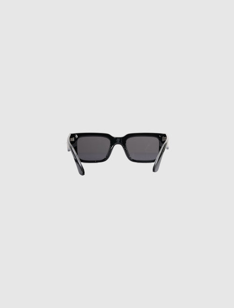 Black rectangular sunglasses with dark lenses on a plain white background
