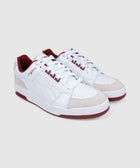 White and beige low-top sneakers with red accents and suede toe, men's streetwear shoes