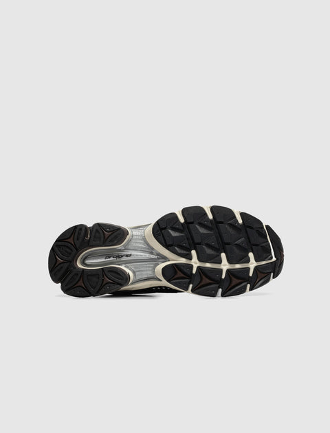 Close-up of sneaker outsole with black and beige tread, streetwear footwear