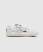 White low-top sneaker with translucent sole and swoosh logo, men's streetwear footwear