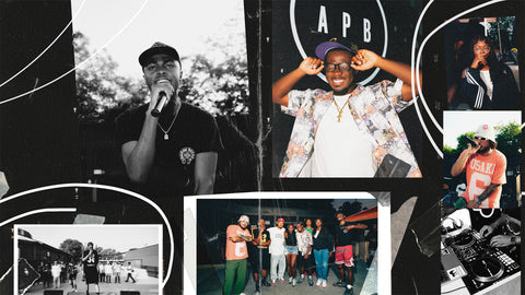 Collage of diverse people at an outdoor streetwear and music event, with DJ and performers.