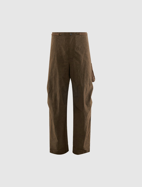 Brown men's streetwear pants with straight leg and braided belt detail on waist