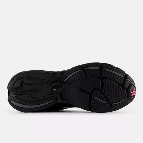 Black New Balance sneaker outsole with textured grip and pink logo on white background