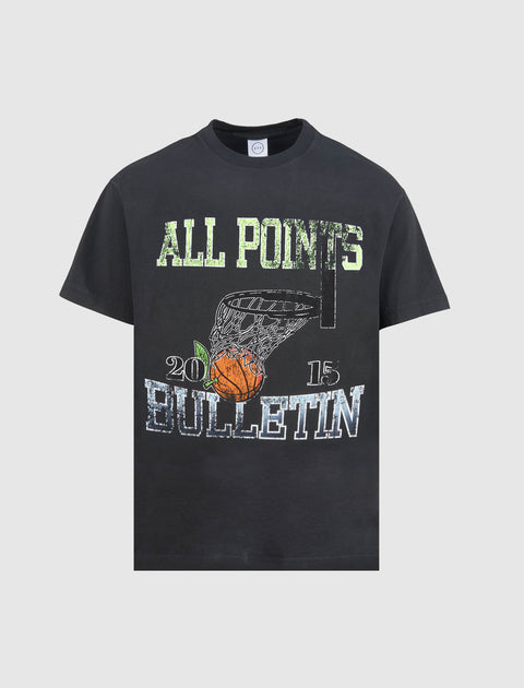 Black streetwear t-shirt with 'ALL POINTS BULLETIN' text and basketball graphic on front