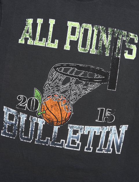 Black streetwear t-shirt with distressed 'All Points Bulletin' text and basketball hoop graphic.