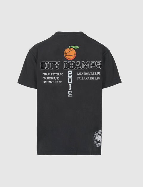 Black streetwear t-shirt back with CITY CHAMPS text, orange fruit graphic, and city names.