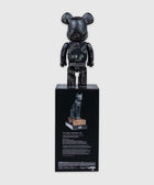 Black designer bearbrick figure with green cat art, standing on display box featuring Gayer-Anderson Cat
