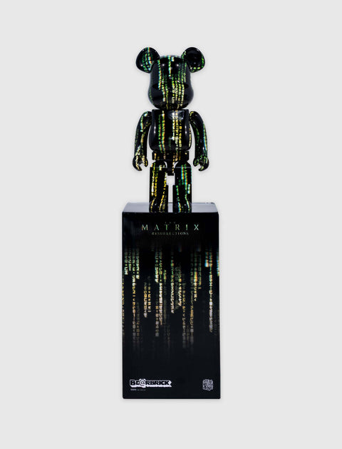 Matrix Resurrections Be@rbrick collectible figure with green code design on black box