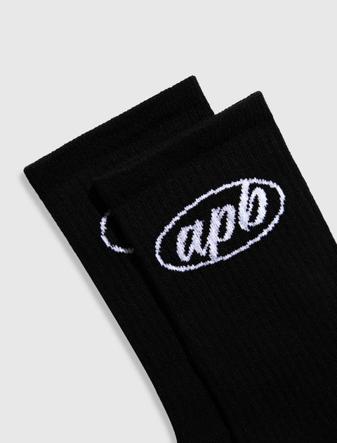 Black crew socks with white apb logo embroidery, streetwear accessory
