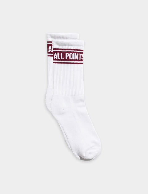 White crew socks with maroon 'ALL POINTS' text and stripes, streetwear accessory