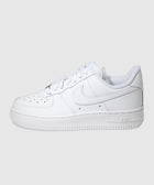 All-white low-top sneaker with perforated toe box and side swoosh on a plain background