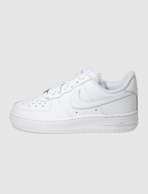 All-white low-top sneaker with perforated toe box and side swoosh on a plain background